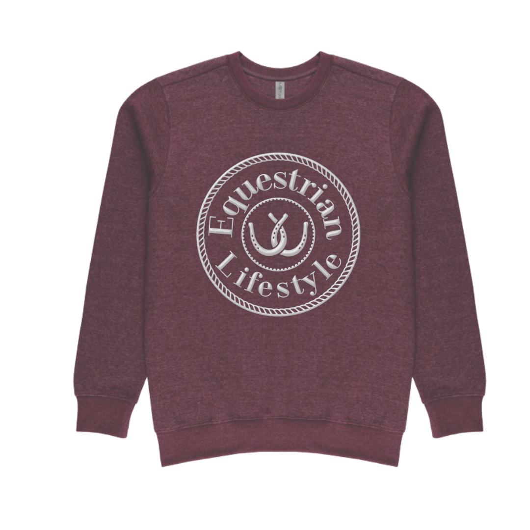 A heathered maroon crewneck sweatshirt featuring a white circular graphic on the chest that reads 'Equestrian Lifestyle' around a horseshoe illustration, displayed against a solid white background.