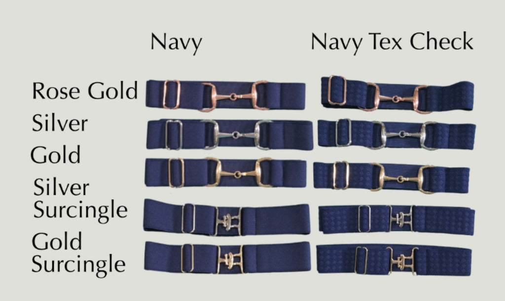 A comparison chart showing navy blue equestrian beltsl with different metal hardware finishes labeled Rose Gold, Silver, and Gold, presented in two columns under the headings 'Navy' and 'Navy Tex Check'.