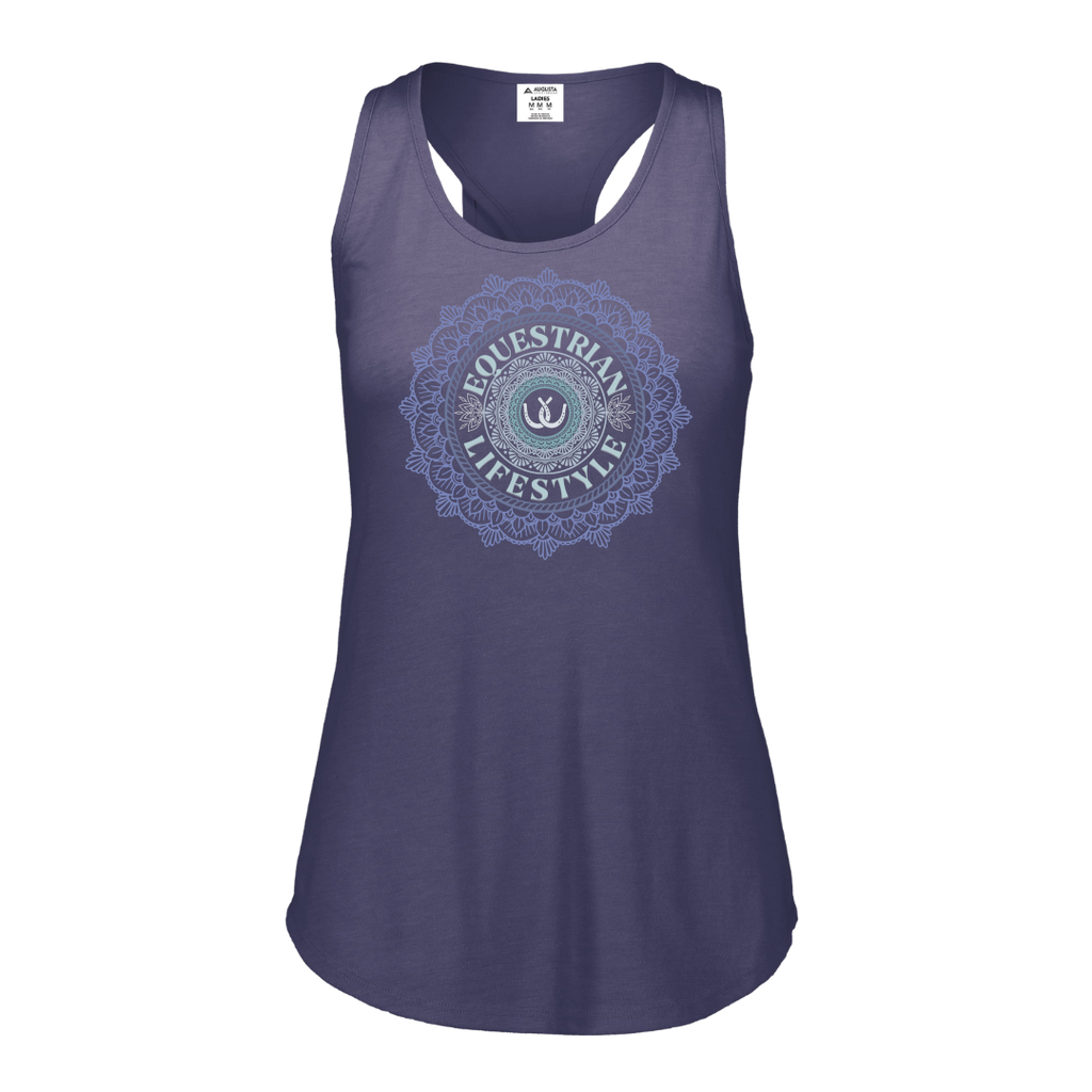 A women's racerback tank top in heathered periwinkle purple, featuring a circular mandala graphic on the chest with the words 'EQUESTRIAN LIFESTYLE' and a small horseshoe logo in the center. The tank is displayed on a clean white background.