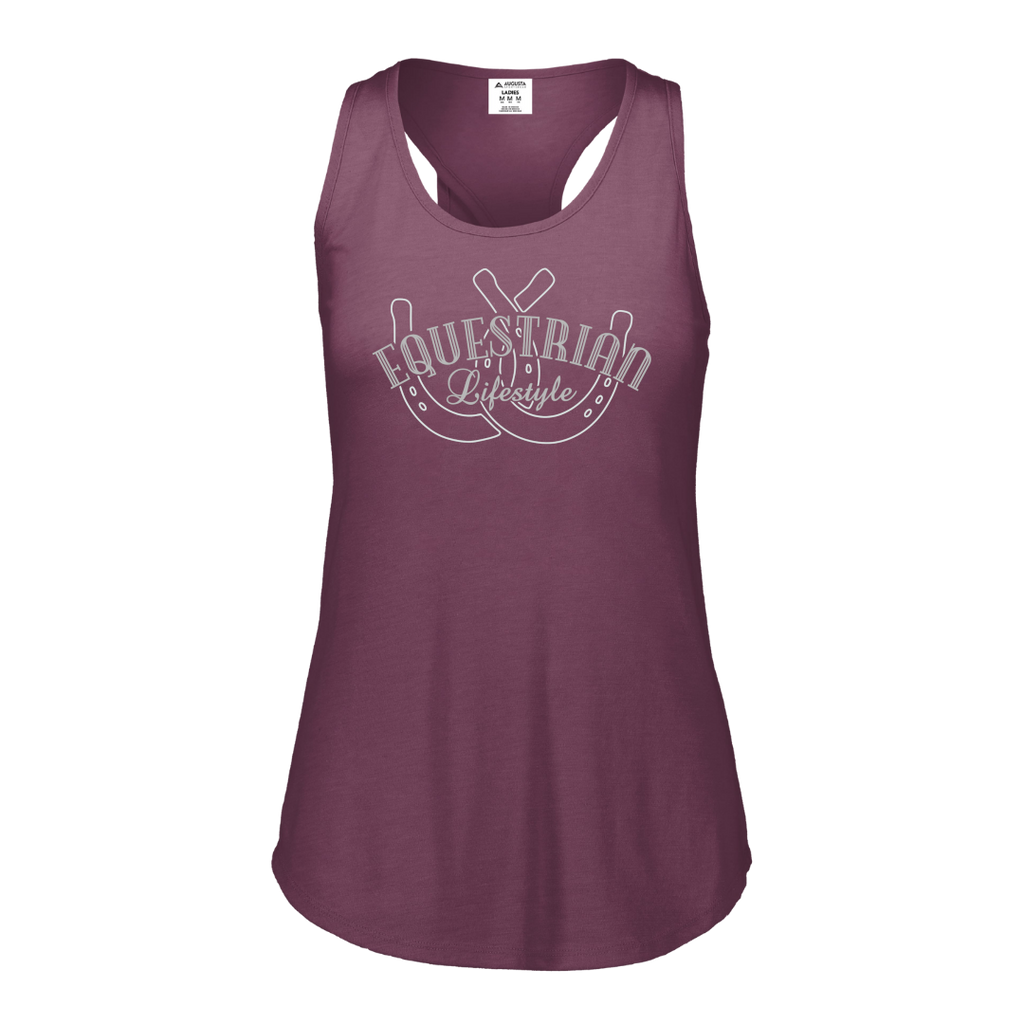 A women's racerback tank top in heathered plum purple with a white graphic on the chest reading 'Equestrian Lifestyle' over a horseshoe, shown on a plain white background.