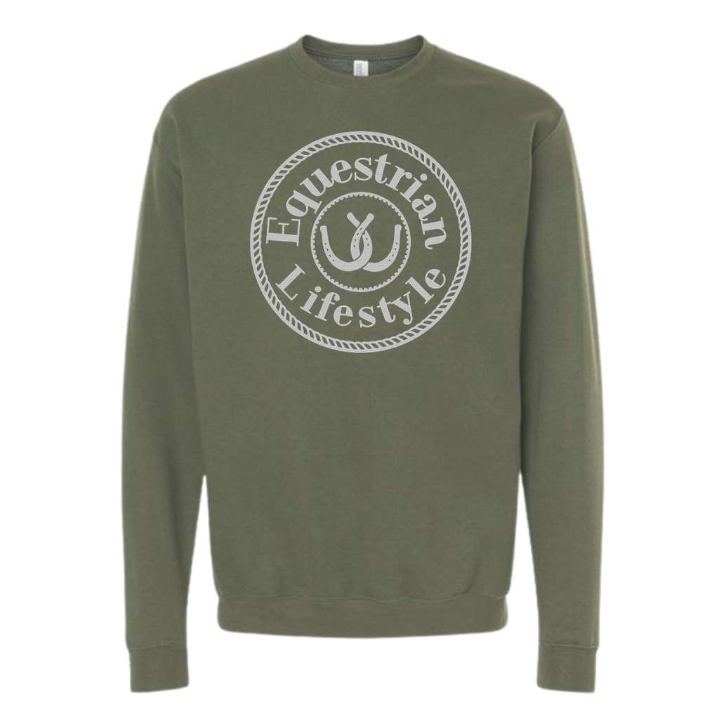 An olive green crewneck sweatshirt featuring a distressed white circular graphic on the chest that reads 'Equestrian Lifestyle' with a horseshoe symbol in the center.