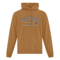A camel brown pullover hoodie with a front kangaroo pocket and drawstrings, featuring a graphic print on the chest that reads 'EQUESTRIAN lifestyle' in arched varsity-style letters with  'It's Better at the barn' underneath.