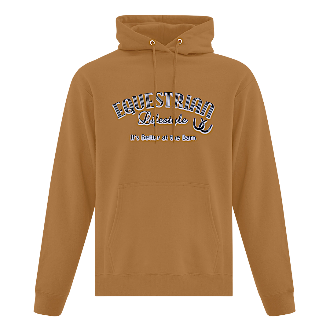 A camel brown pullover hoodie with a front kangaroo pocket and drawstrings, featuring a graphic print on the chest that reads 'EQUESTRIAN lifestyle' in arched varsity-style letters with  'It's Better at the barn' underneath.