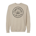 A beige crewneck sweatshirt featuring a black circular graphic on the chest with the words 'Equestrian Lifestyle' and a horseshoe illustration.