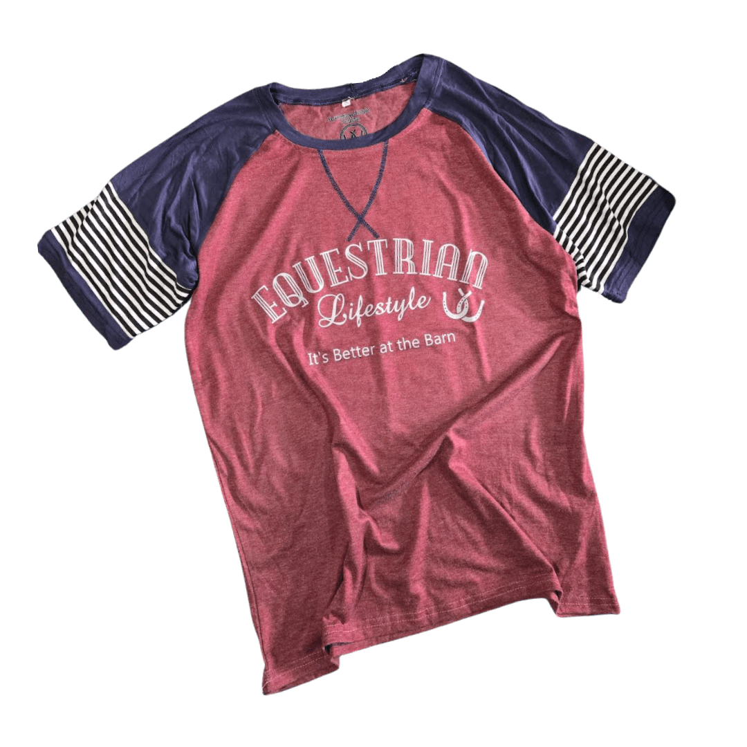 A heathered red raglan t-shirt with navy blue sleeves and striped cuffs, featuring 'EQUESTRIAN Lifestyle' printed in white on the front.