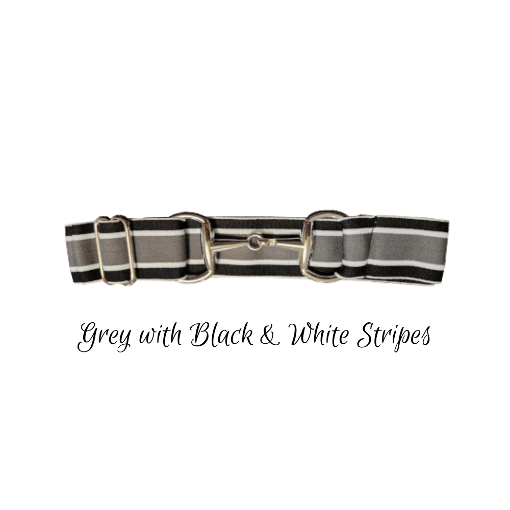 A grey belt with black and white stripes, featuring silver metal hardware and a buckle, shown against a plain white background with the text 'Grey with Black & White Stripes' below it.
