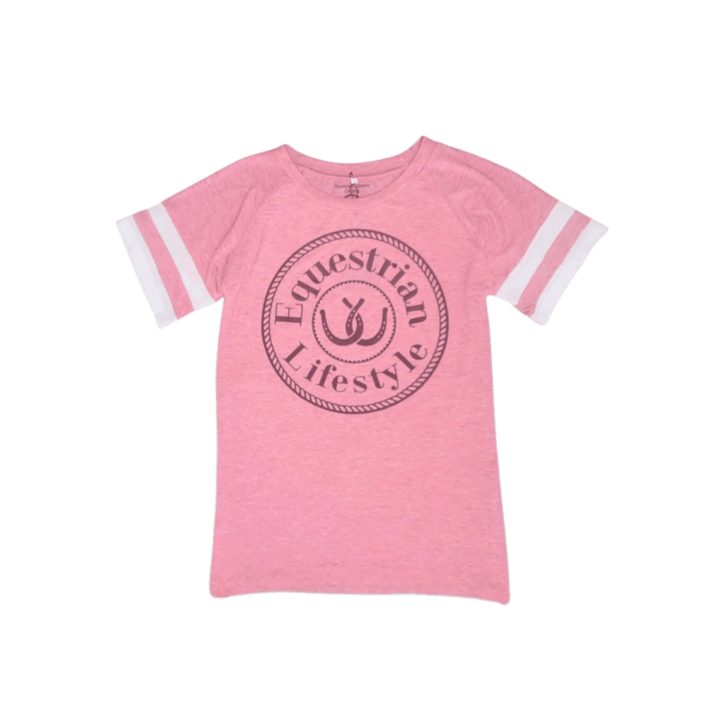 A pink short-sleeve ringer t-shirt with white stripes on the sleeves and a dark pink circular 'Equestrian Lifestyle' logo printed on the chest, shown against a plain white background.