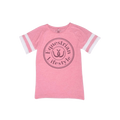 A pink short-sleeve ringer t-shirt with white stripes on the sleeves and a dark pink circular 'Equestrian Lifestyle' logo printed on the chest, shown against a plain white background.