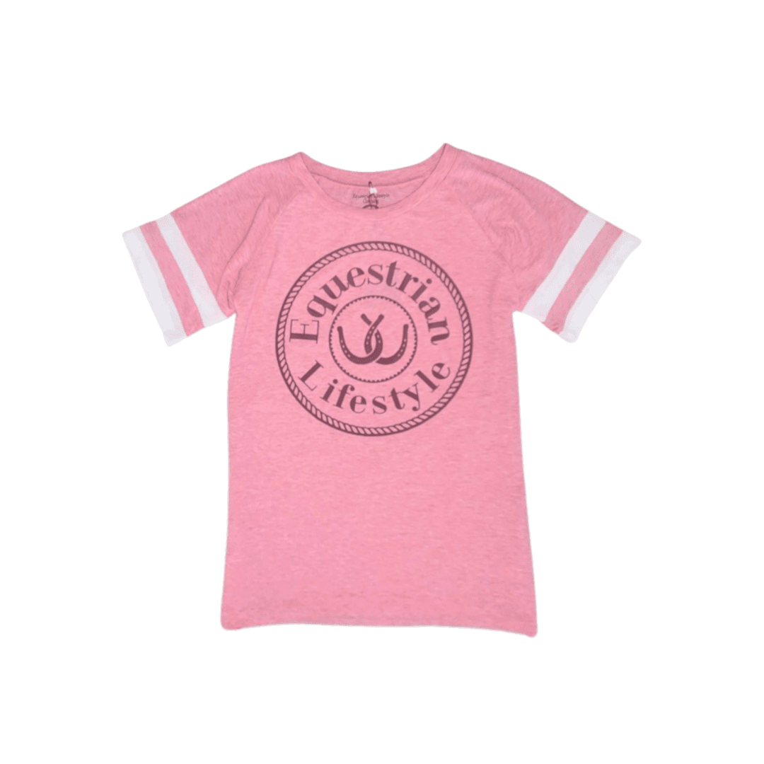 A pink short-sleeve ringer t-shirt with white stripes on the sleeves and a dark pink circular 'Equestrian Lifestyle' logo printed on the chest, shown against a plain white background.