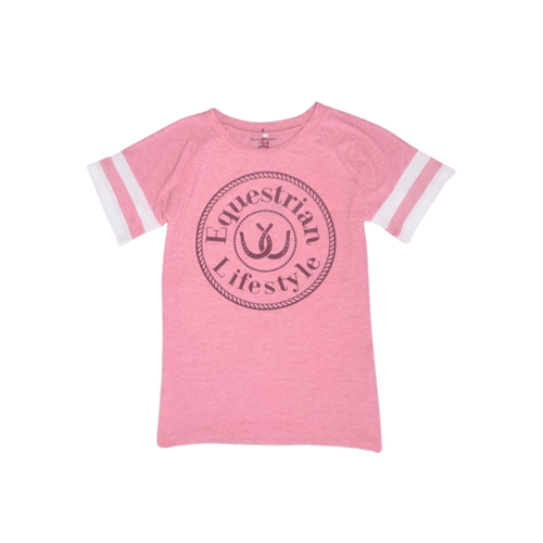 A pink short-sleeve ringer t-shirt with white stripes on the sleeves and a dark pink circular 'Equestrian Lifestyle' logo printed on the chest, shown against a plain white background.