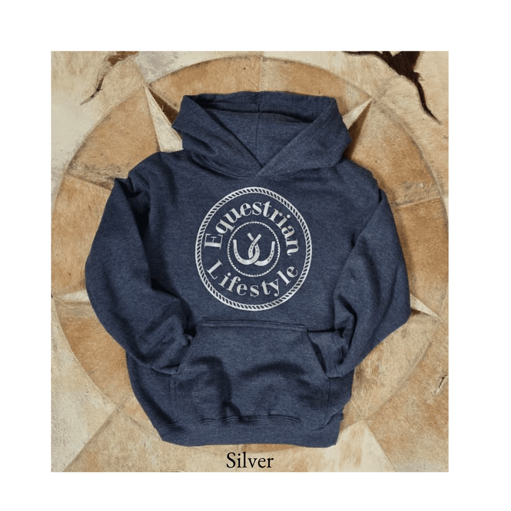 A navy blue heather pullover hoodie with a white circular 'Equestrian Lifestyle' graphic on the chest, laid flat on a rustic wood background. The word 'Silver' is printed below the hoodie.